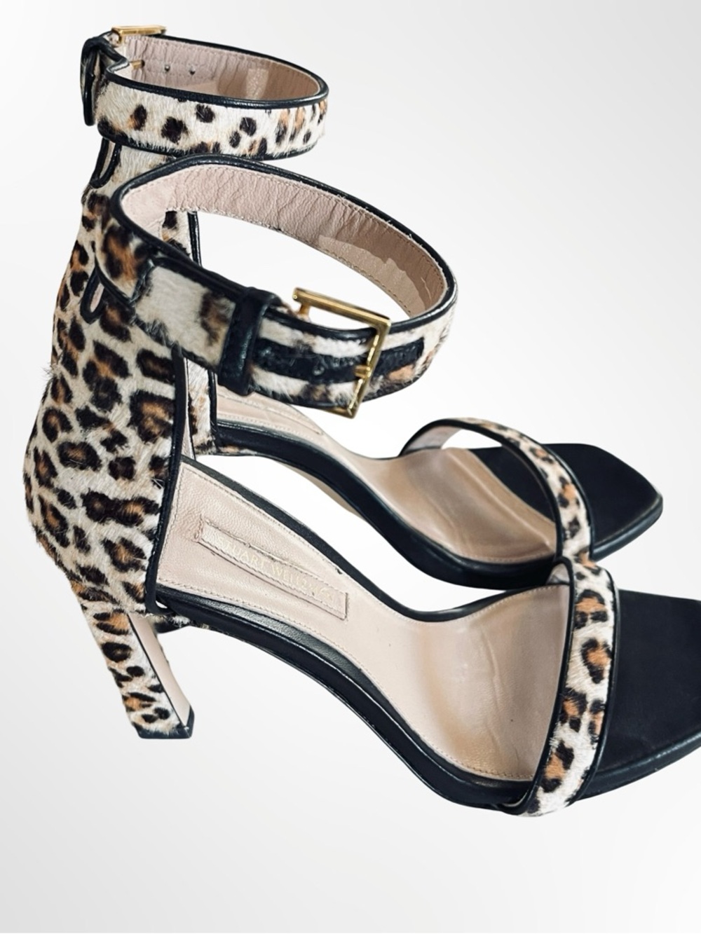 Stuart Weitzman Black Sandals with Leopard Print Trim in 37 - Picture 2 of 8